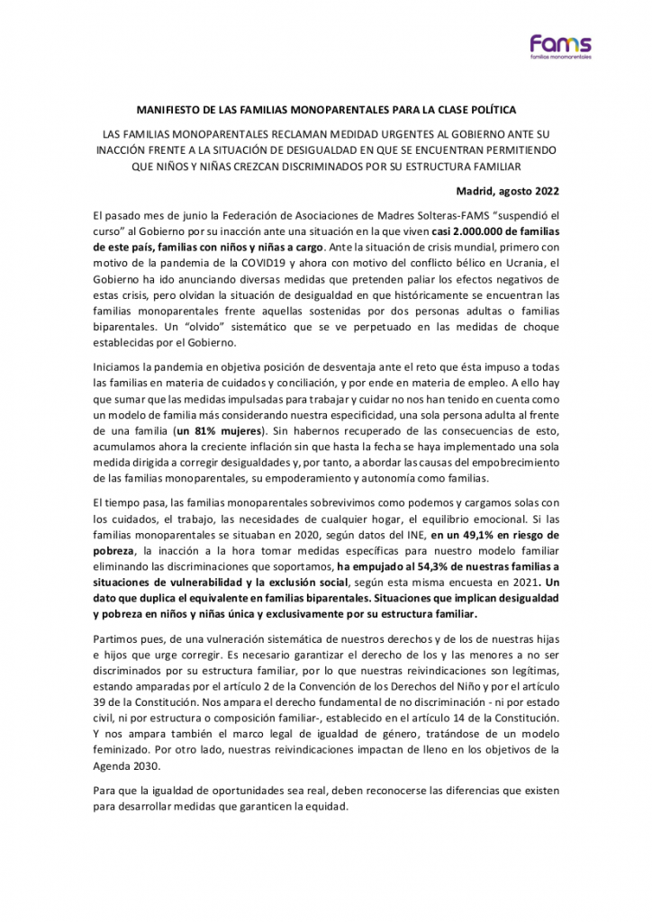 Manifiesto de Federación de Madres Solteras